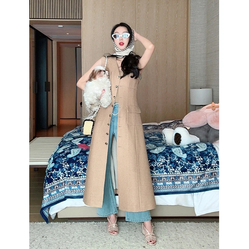 TRACYCHU香奶罗马风混羊毛超薄款多穿法马甲风衣连衣裙显瘦气质款