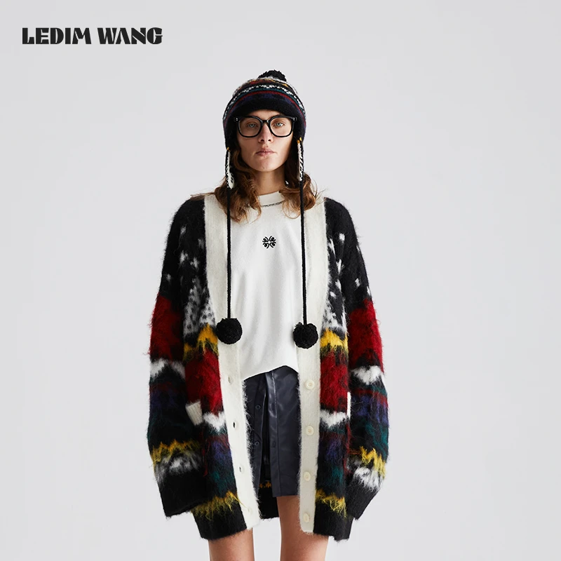 LEDIM WANG费尔岛提花软糯开衫毛衣女2024冬季新款慵懒风外套