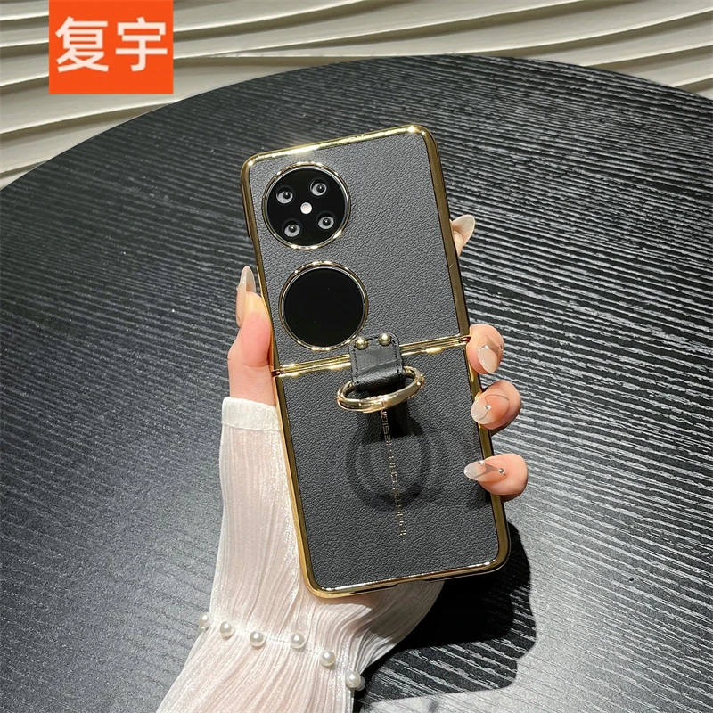 适用华为pocket2手机壳新款pocket 2高档皮质电镀指环扣全包防摔