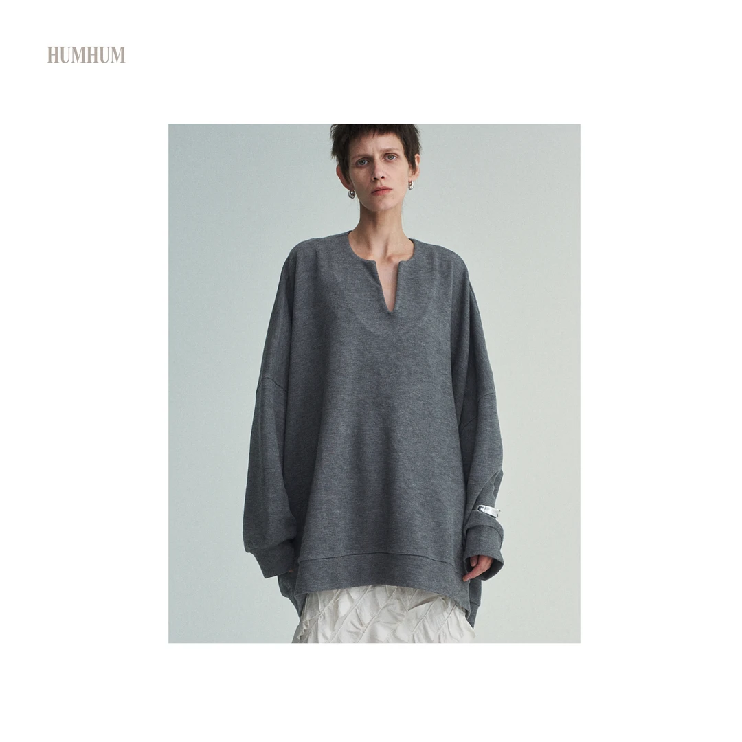 HUMHUM｜超级大系列云迹灰垂坠慵懒风V领卫衣