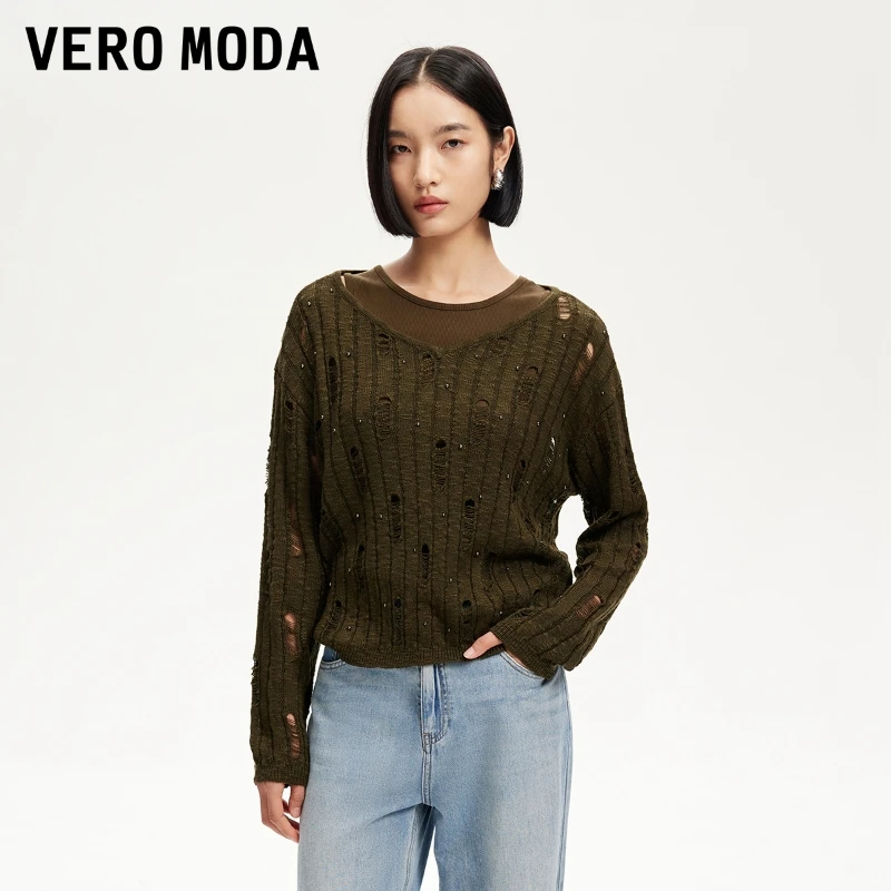Vero Moda商场同款新品针织衫气质真两件镂空钉珠流光风325124012