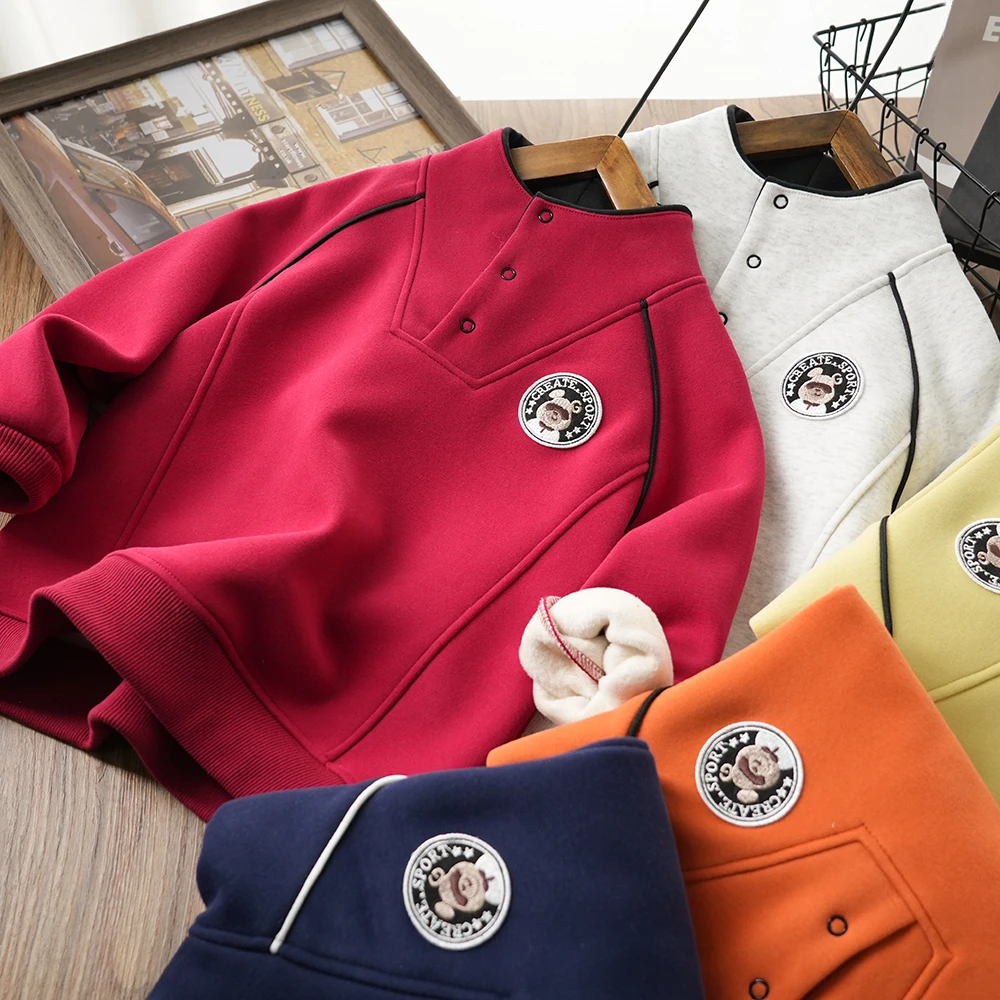 男童秋冬小熊刺绣开领双面绒拼接口袋卫衣中大童立领上衣MT24211