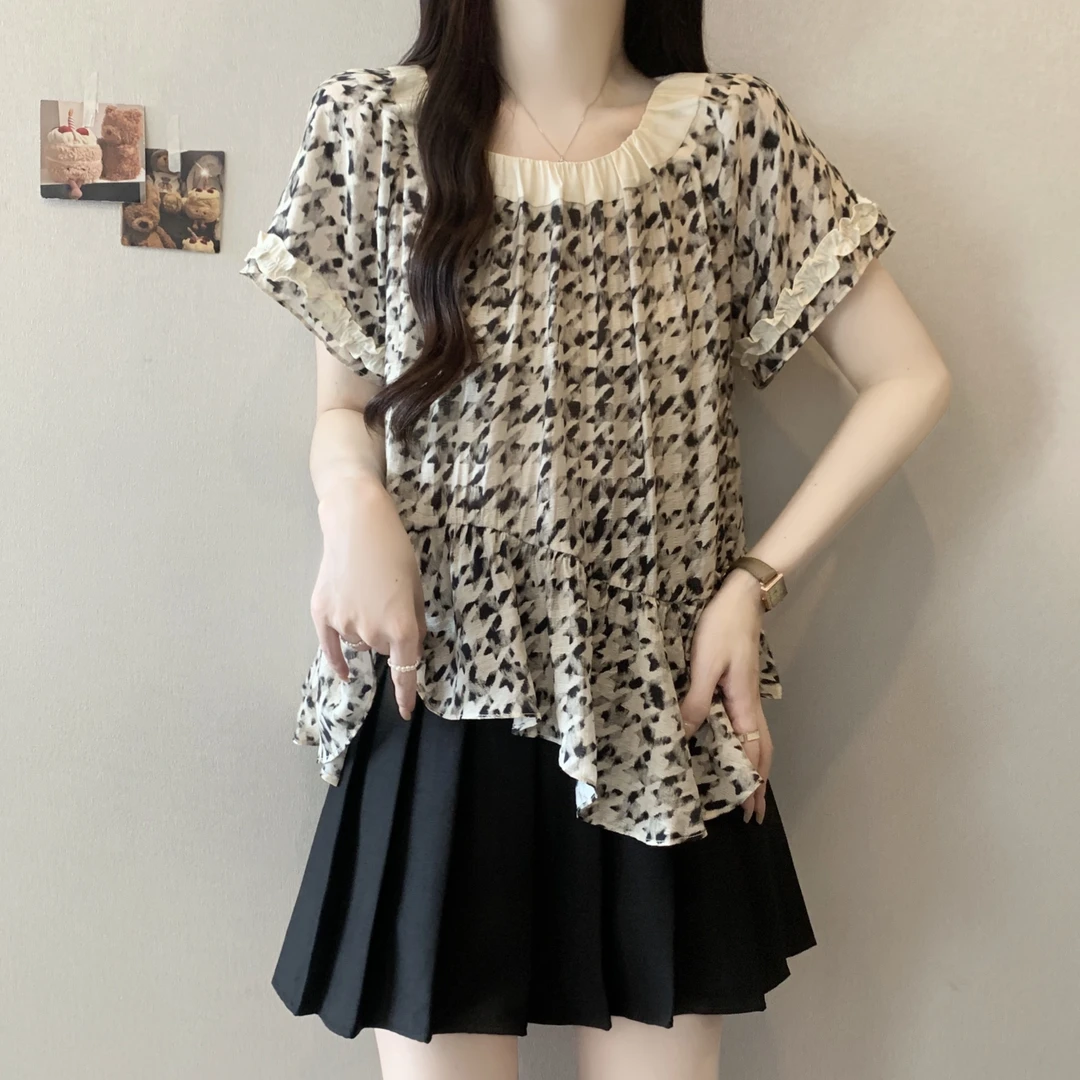 韩系chic别致撞色短袖衬衫女夏季大码胖mm不规则宽松遮肚衬衣上衣