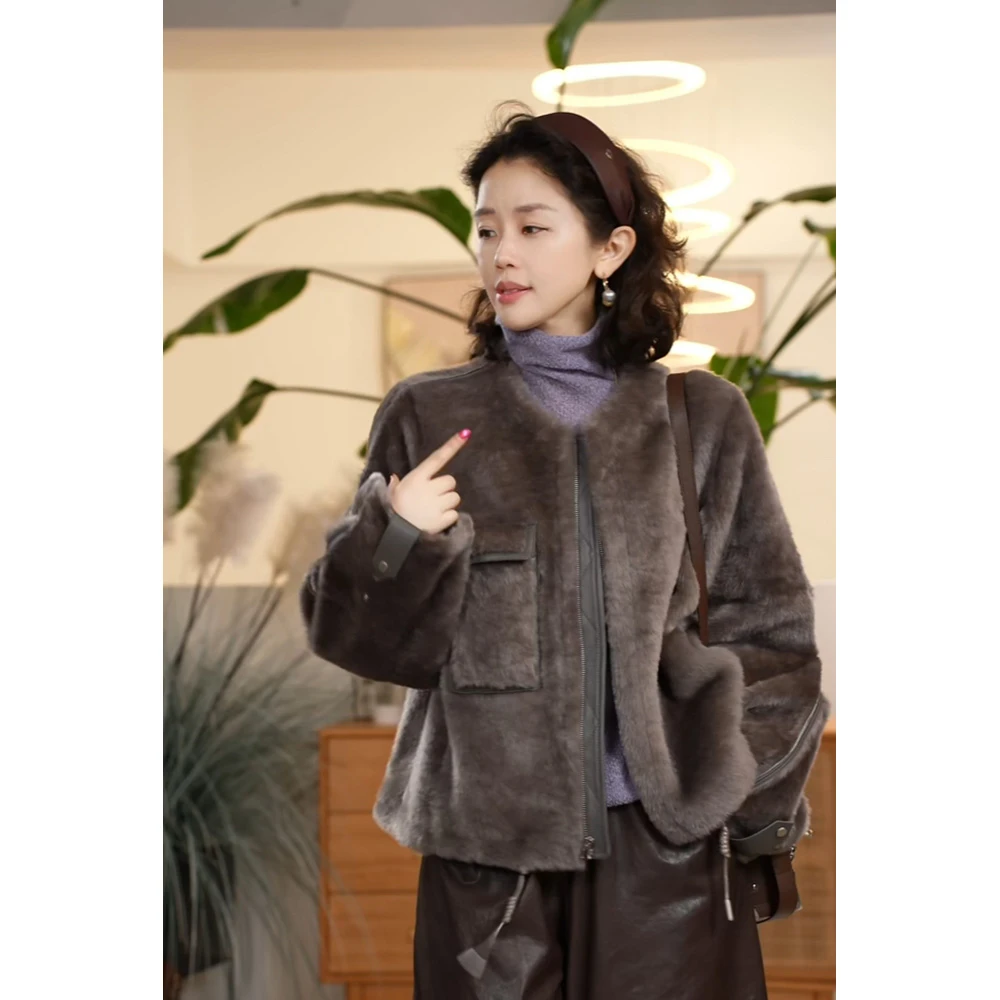 X【叭哒不惑】挚友 皮毛一体圆领简约皮草外套女气质百搭