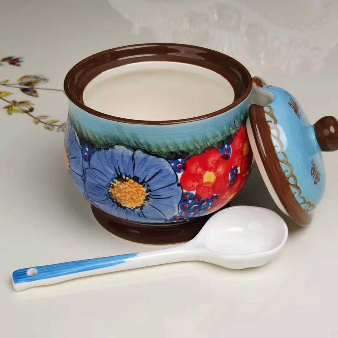 新瓷琉璃蓝600ML 家用秋冬家居手绘欧式 1个带盖调料罐陶瓷