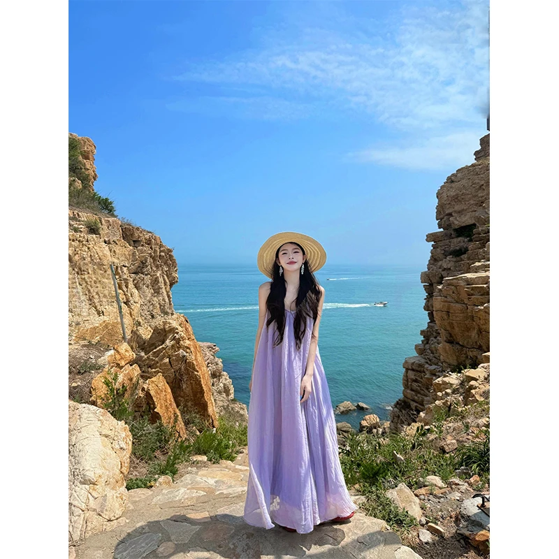 巨好看的减龄海边度假长裙紫色无袖吊带露背连衣裙子夏女2025新款
