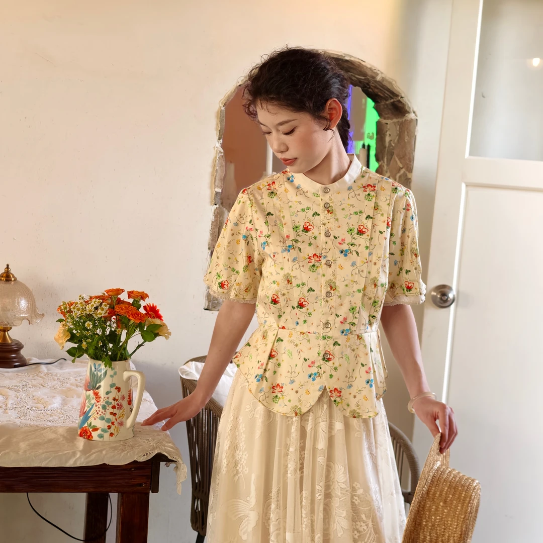 法式藤蔓印花贡缎棉收腰显瘦减龄衬衫B099521