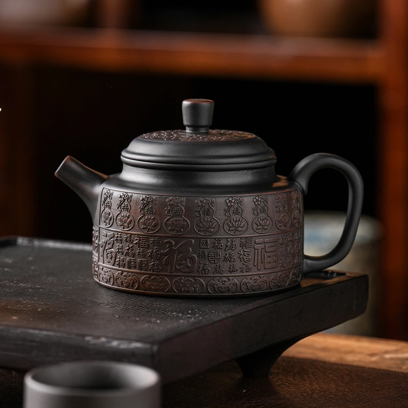 紫陶浮雕百福德钟壶茶壶泡茶专用大容量不烫手刻绘百福图福禄茶具