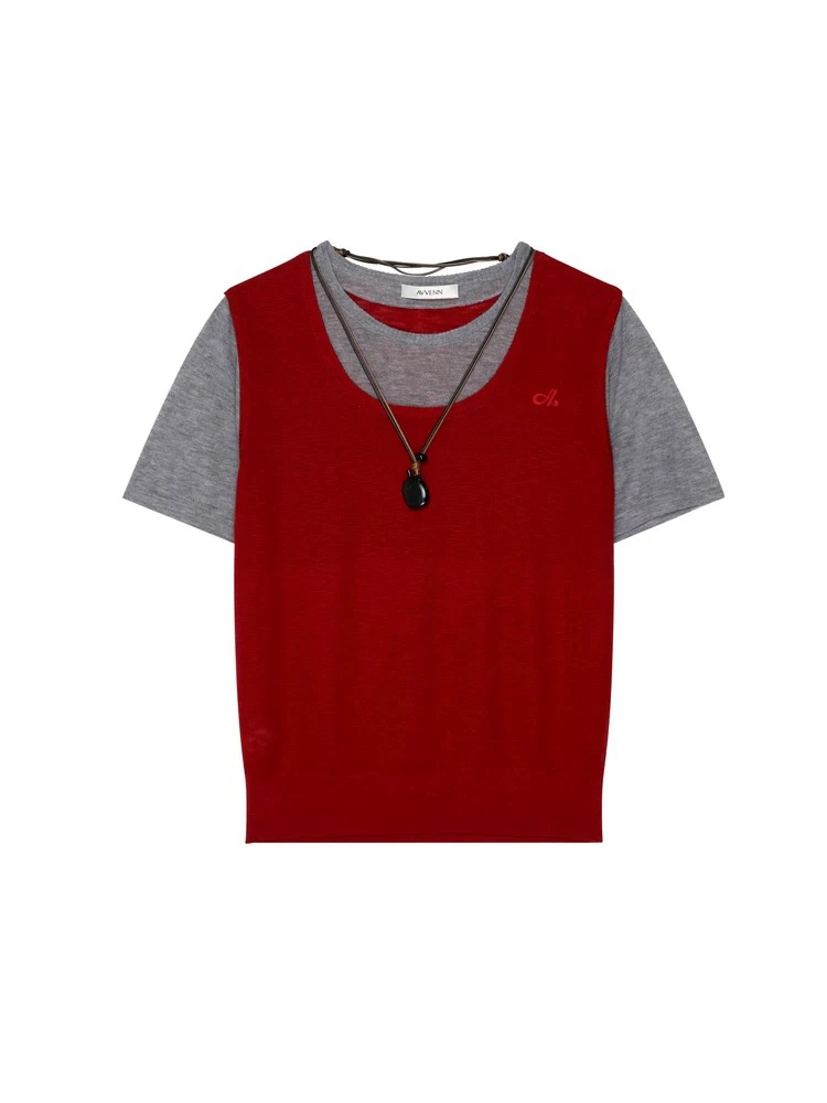 现货AVV新品假两件套头圆领舒适干爽针织短袖AL30601514