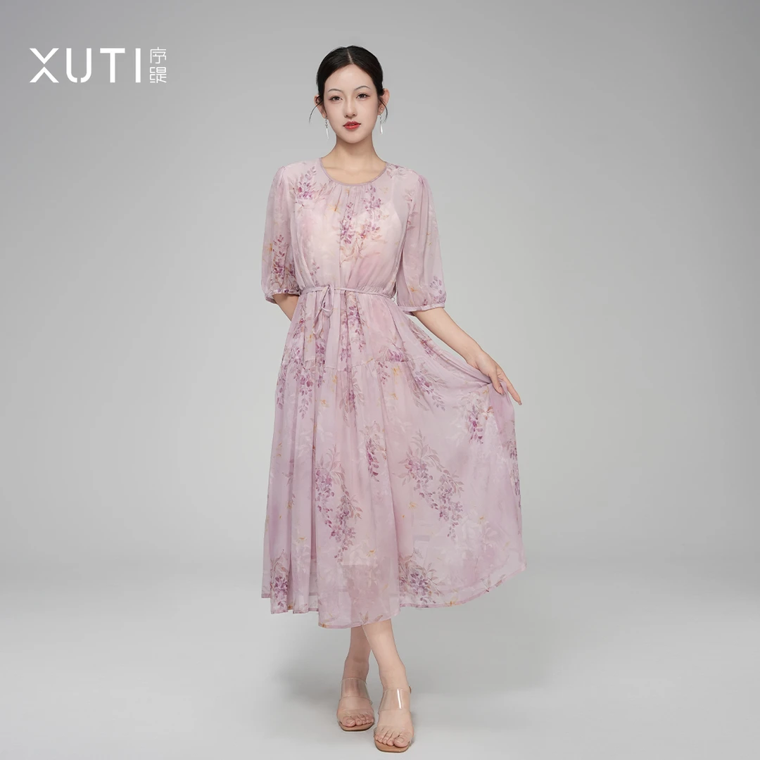 序缇『紫月疏桐』春夏新款新中式女装乔其纱桑蚕丝连衣裙H49-2060