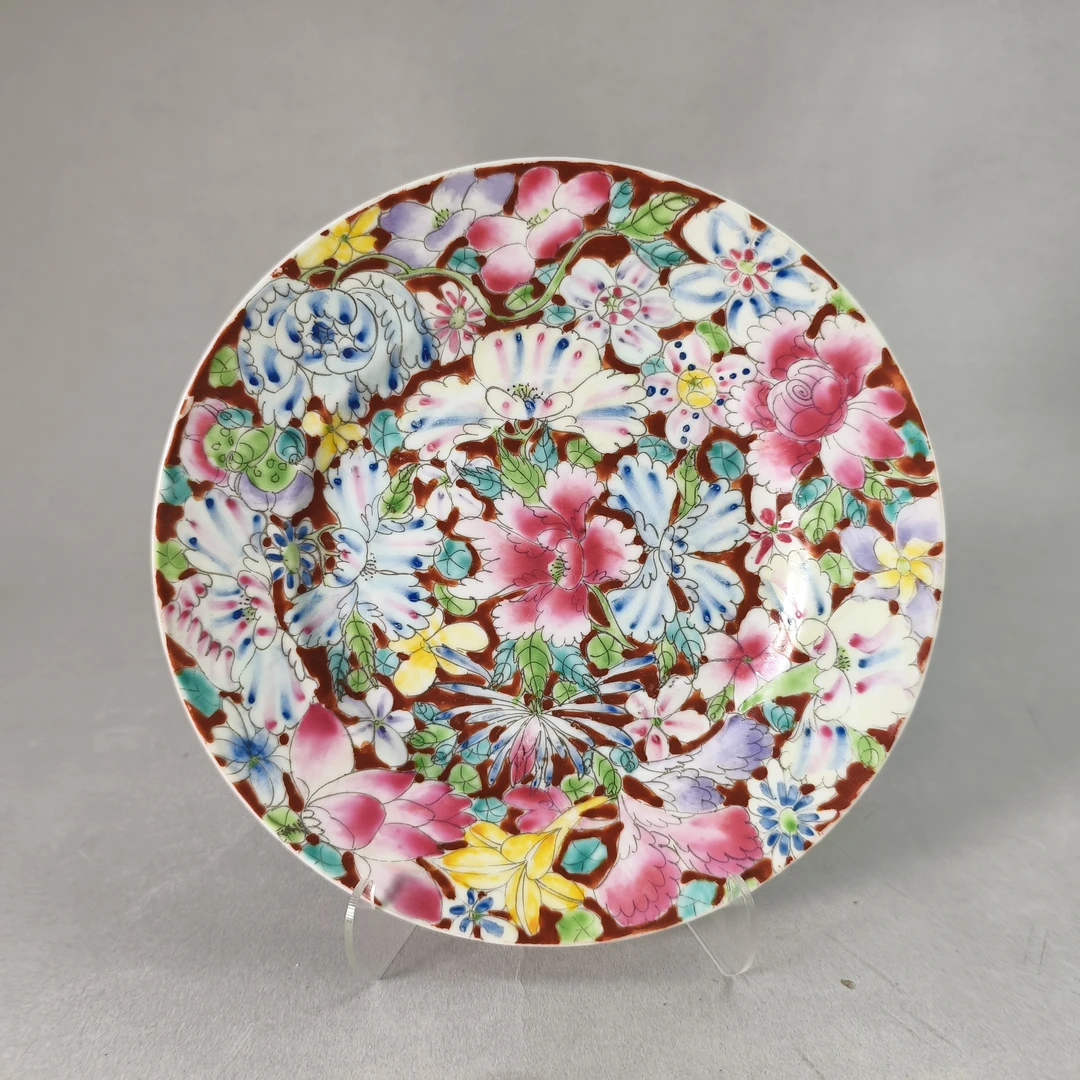 A01081清光绪粉彩百花不落地赏盘  直径19.9cm