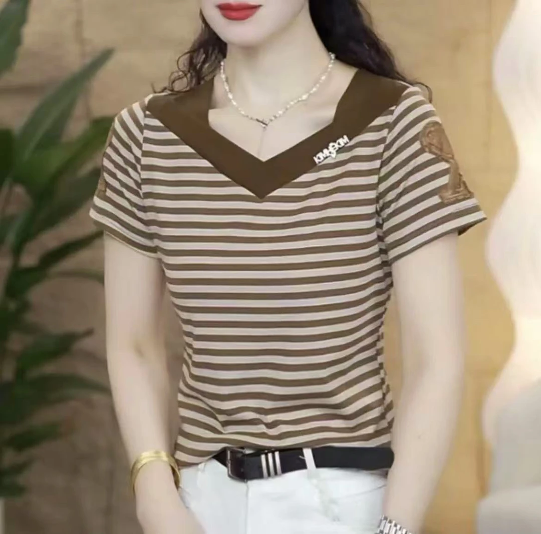 夏季新款显瘦百搭条纹短袖大码宽松女士上衣