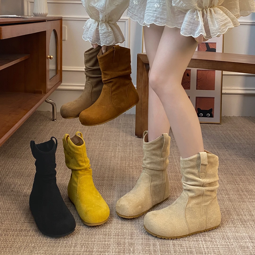 贾不假短靴女款2025新款夏季爆款复古显瘦百搭美拉德卡其色内增高