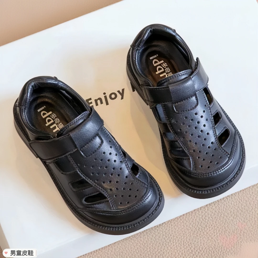 儿童黑色2025夏季新款镂空透气真皮英伦风软底演出学生男童小皮鞋