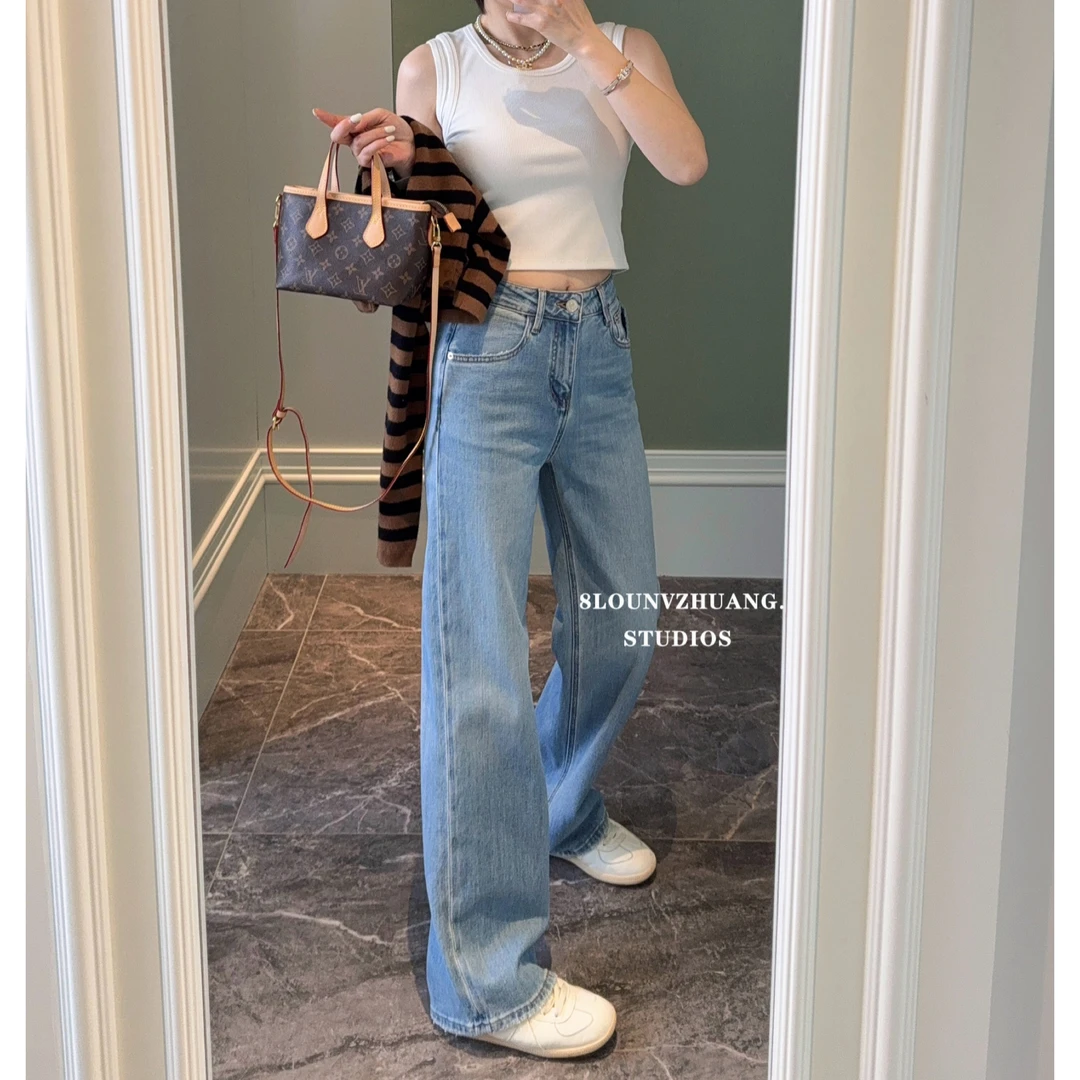 薄款显瘦窄版阔腿裤花匣子牛仔裤女2025春夏新款65780-1浅蓝直筒