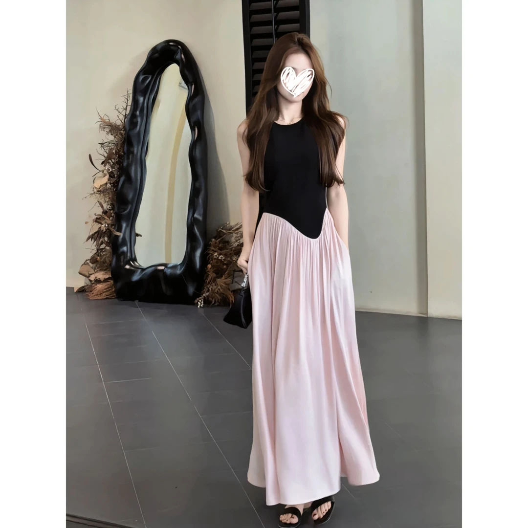 【仲夏晚风】法式文艺无袖背心连衣裙女收腰显瘦气质拼接A字长裙