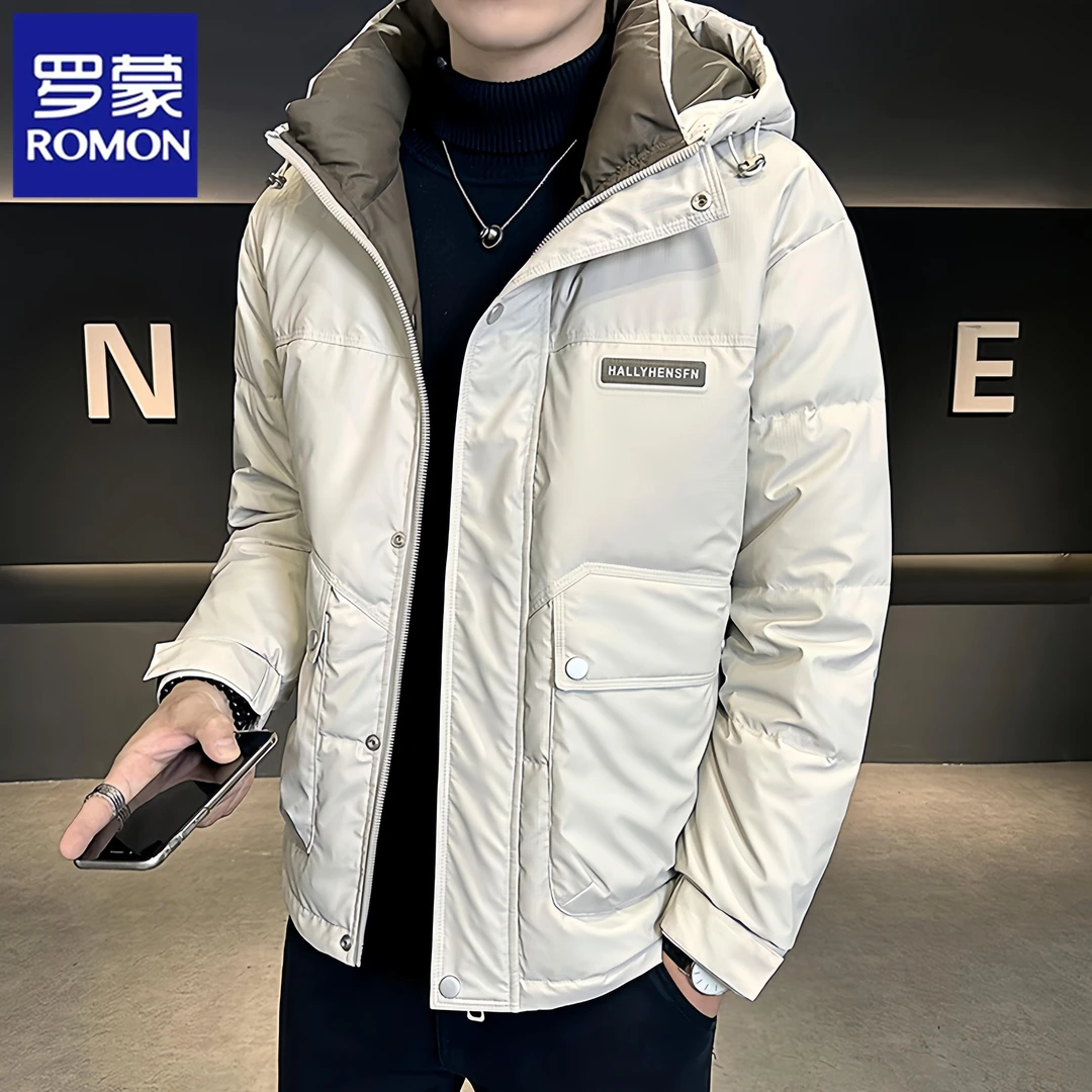 Romon/罗蒙冬季新款保暖时尚连帽防寒服商务休闲男士羽绒服外套潮