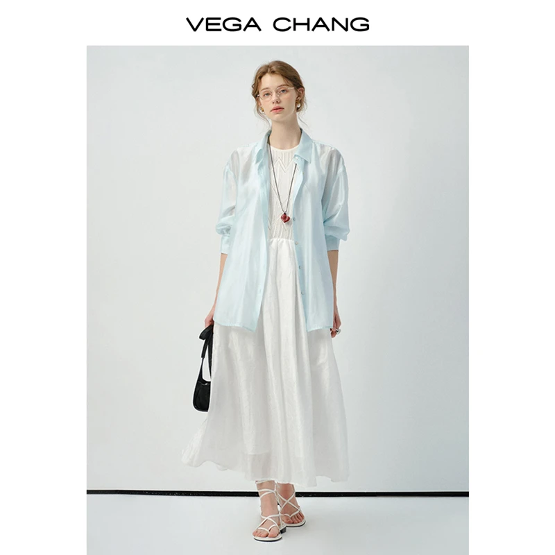 VEGA CHANG衬衫女2025新款夏轻薄侧缝系带开叉垂感衬衣