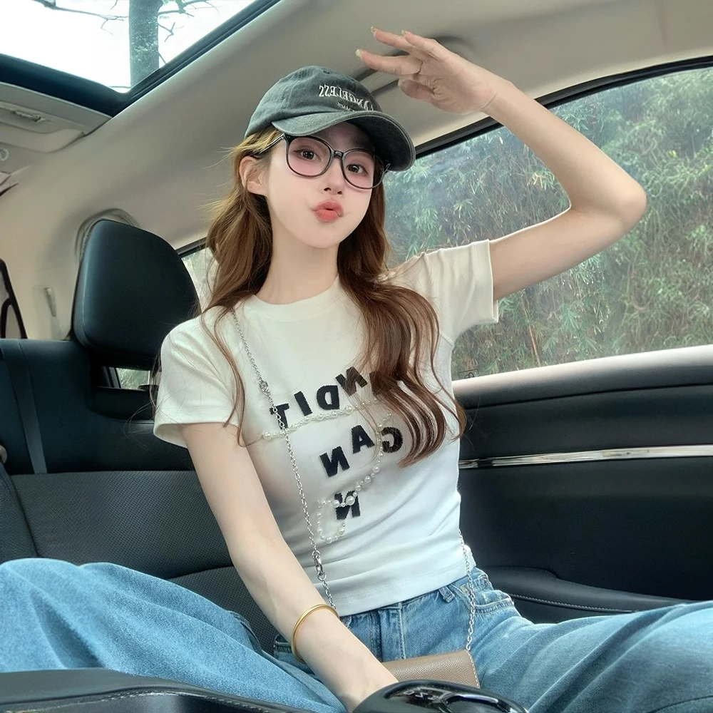 美式复古白色正肩短袖t恤女夏季修身显瘦设计感小众辣妹短款上衣