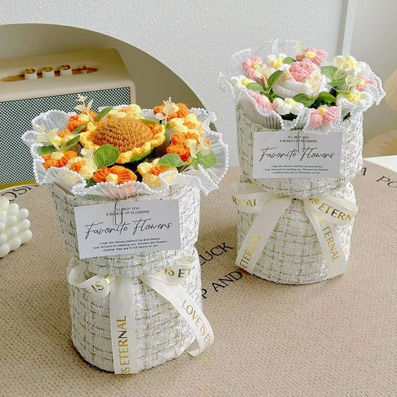 针织毛线花向日葵玫瑰花束抱抱桶创意手工生日礼物送妈妈闺蜜女友