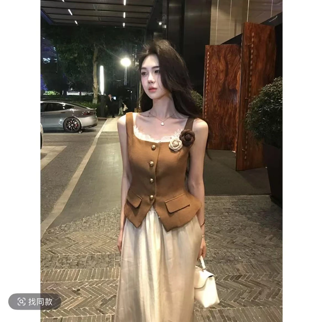 【杏雨梨云】立体花朵蕾丝背心气质上衣百搭半身裙套装