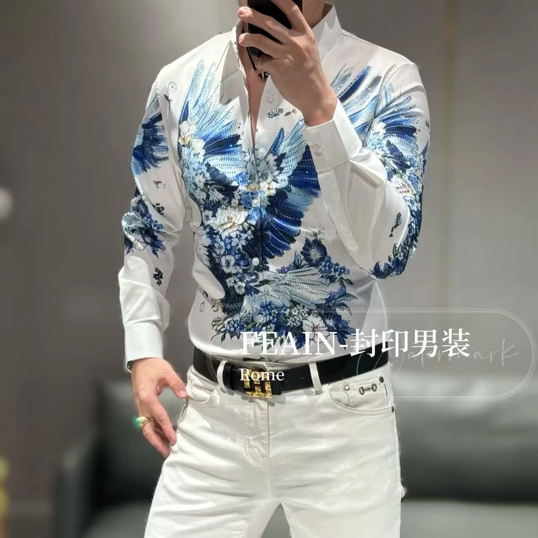 高端定制立体印花大展宏图立体奥钻点缀男士长袖衬衫2591