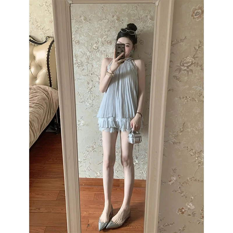 温柔风气质时尚挂脖无袖上衣女夏季2025新款高腰显瘦裙裤两件套装