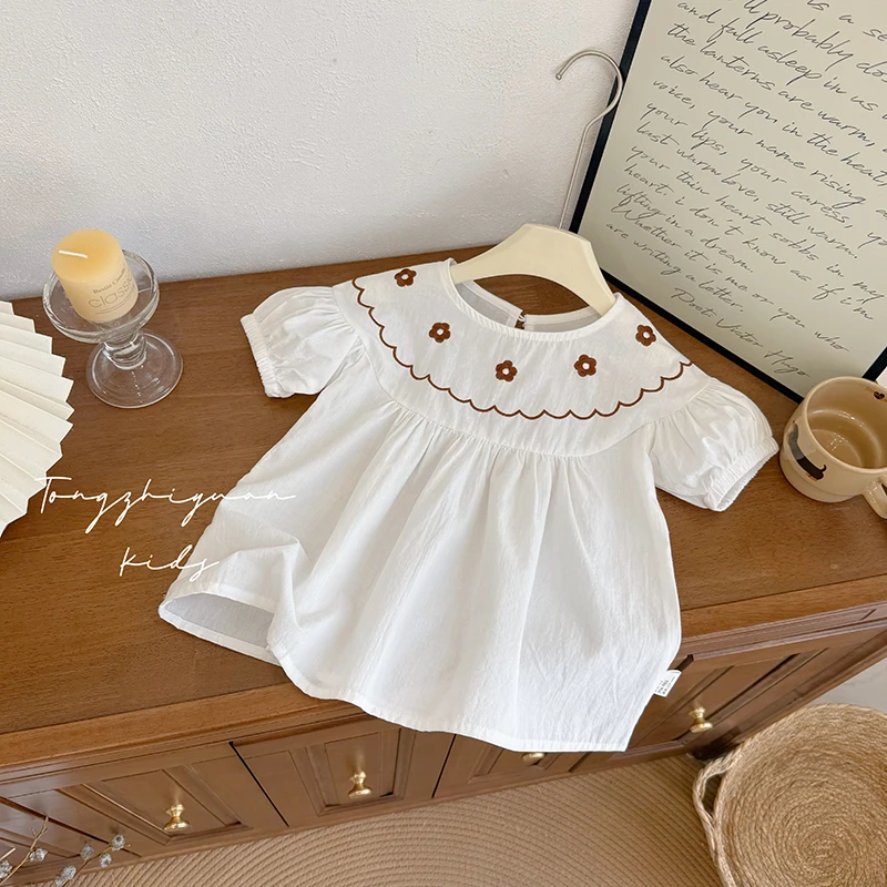 女新款纯棉衬衣短袖儿童夏季韩版娃娃领上衣洋气泡泡袖欧若风童装