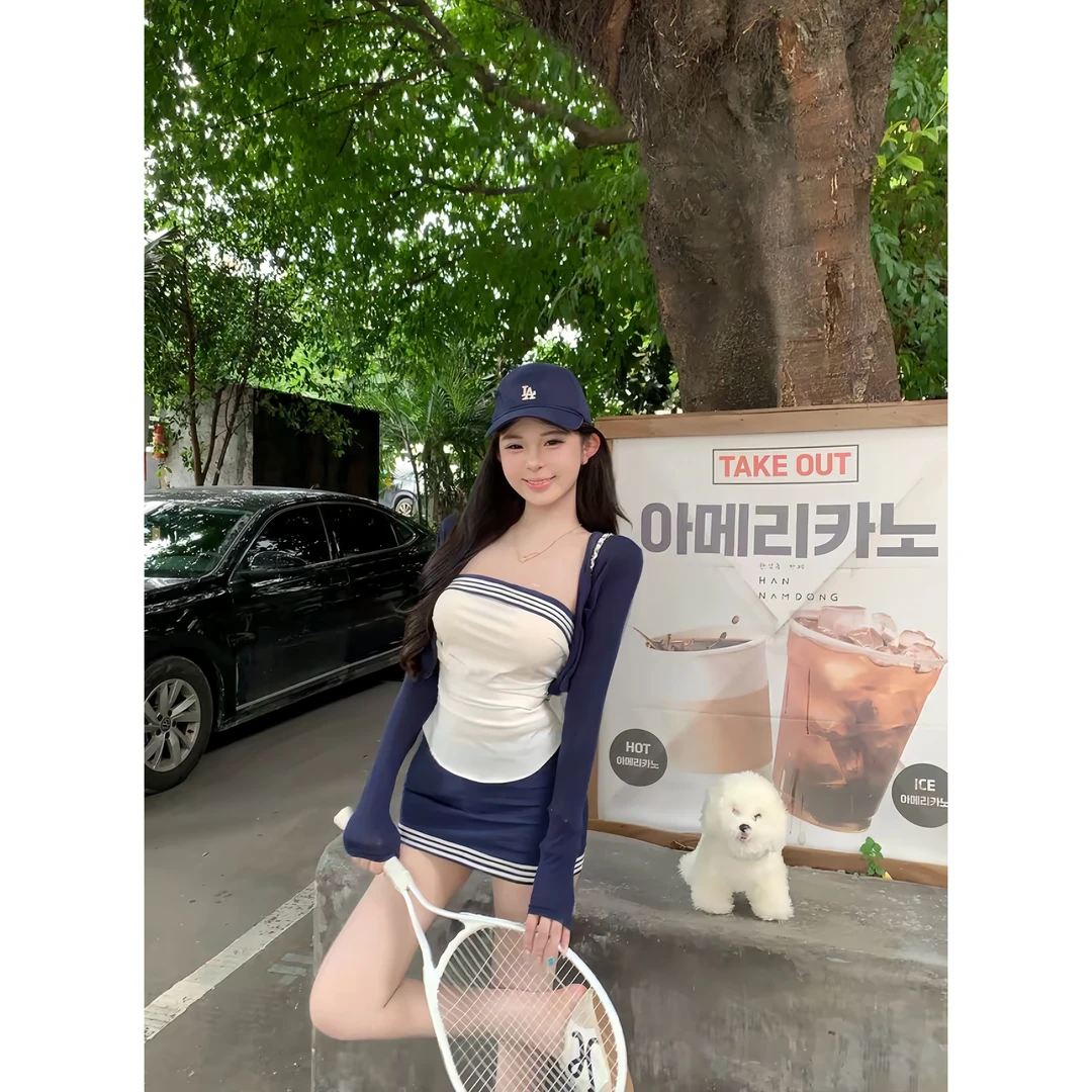 条纹领域 秋季新款纯欲学院风开衫显瘦半裙性感短款修身上衣套装
