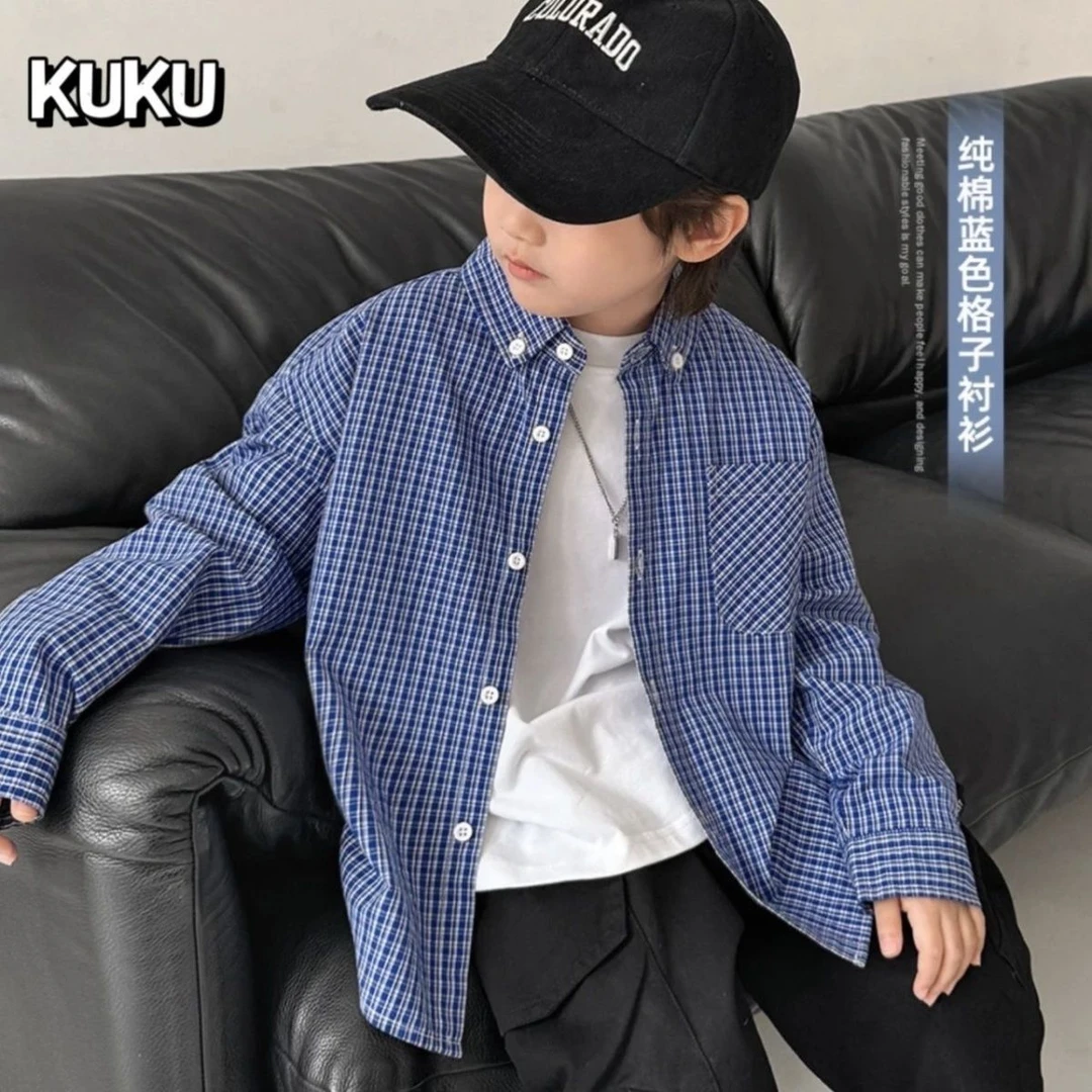 儿童格子衬衫春秋款2025新款男童蓝色休闲衬衣中大童韩版洋气上衣