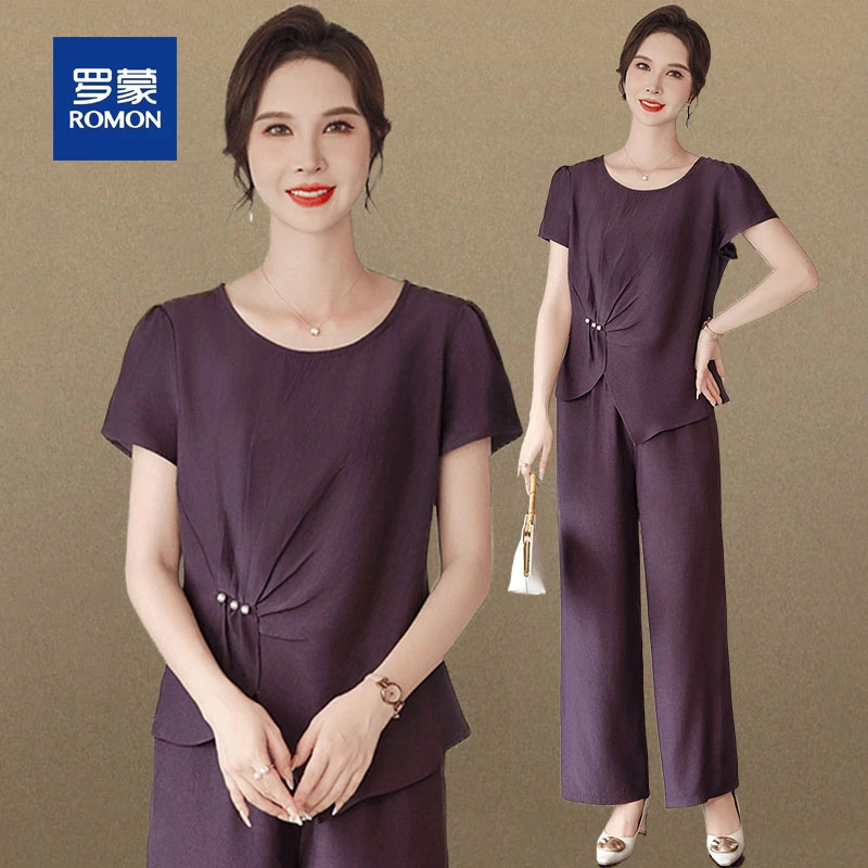 罗蒙2025新款妈妈夏装套装圆领上衣中老年女装薄款小衫休闲两件套