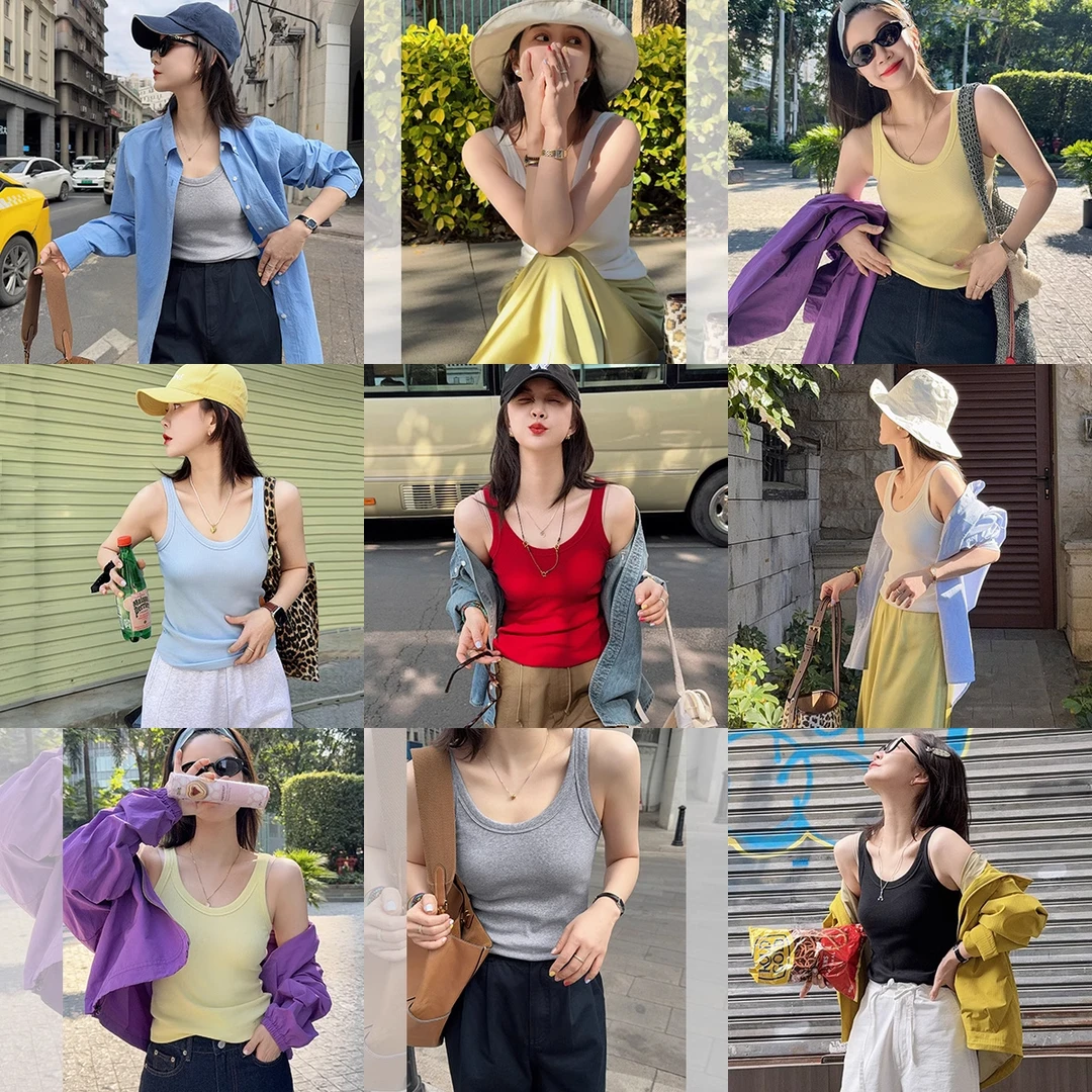 莉贝琳sisy 泡泡糖背心春季新款U领坑条显瘦内搭吊带S25102VE01