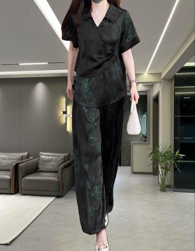 夏季胖女孩休闲风新中式时尚显瘦气质印花女装套装