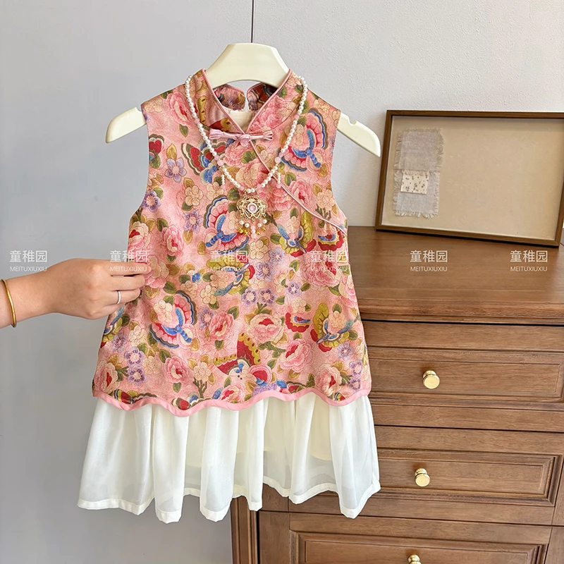 女童新款中国风夏季碎花套头少女风女连衣裙唐装上衣中式休闲时尚