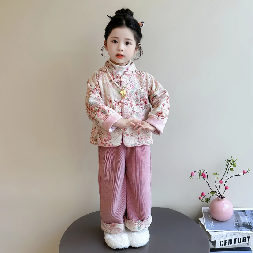 女童新中式加绒加厚套装秋冬2025新款女孩洋气国风儿童时髦两件套