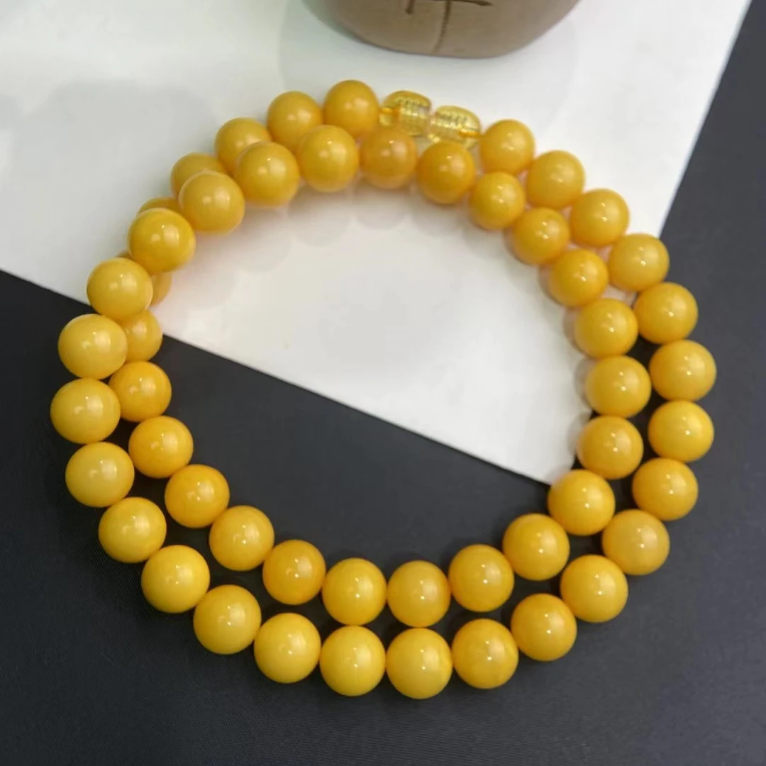 高品保真帝王黄蜜蜡项链俄料鸡油黄上等琥珀女圆珠妈妈链节日礼物