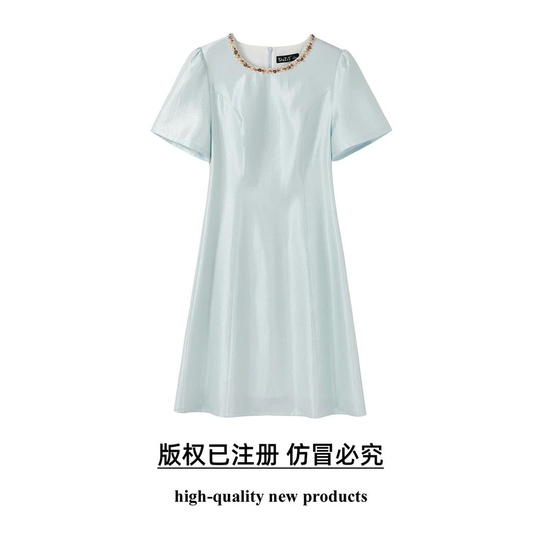 奢姿大码女装2025夏季重工钉珠设计时尚连衣裙胖妹妹减龄圆领裙子