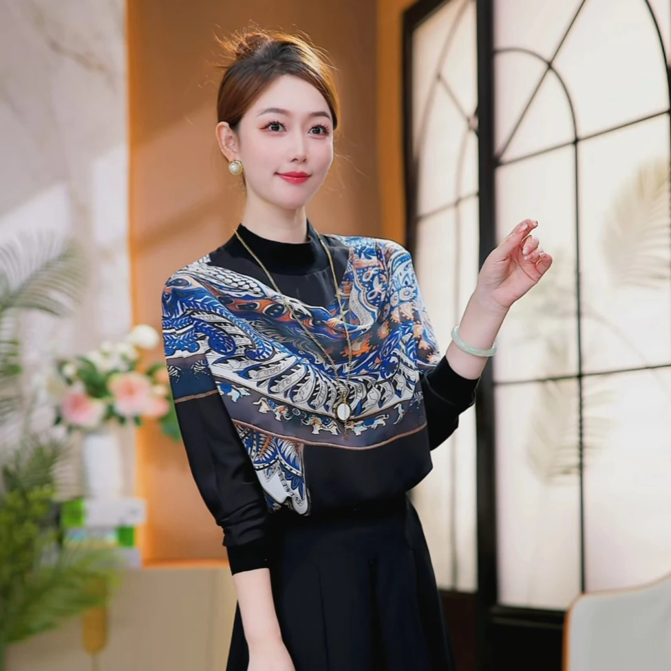 现货【锦蓝绘影】2025秋冬新款圆领双绉丝长袖宽松T恤减龄打底上衣