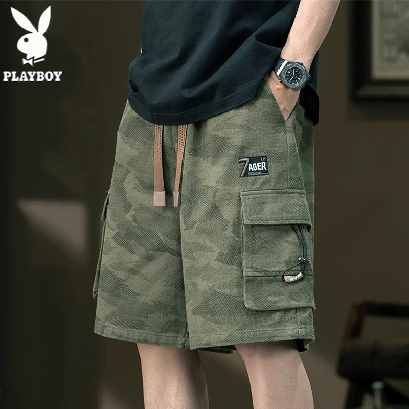 花花公子短裤男士夏季新款多口袋迷彩工装裤宽松休闲直筒沙滩中裤