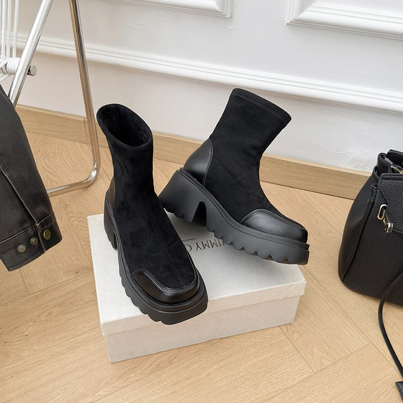 2025秋季新款绒面马丁靴女高跟厚底短靴子粗跟弹力靴增高瘦瘦靴