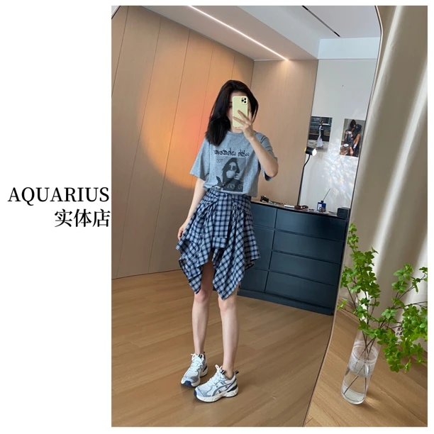 【AQUARIUS 】（摇摆伦巴）印花短袖+格子短裙套装1600