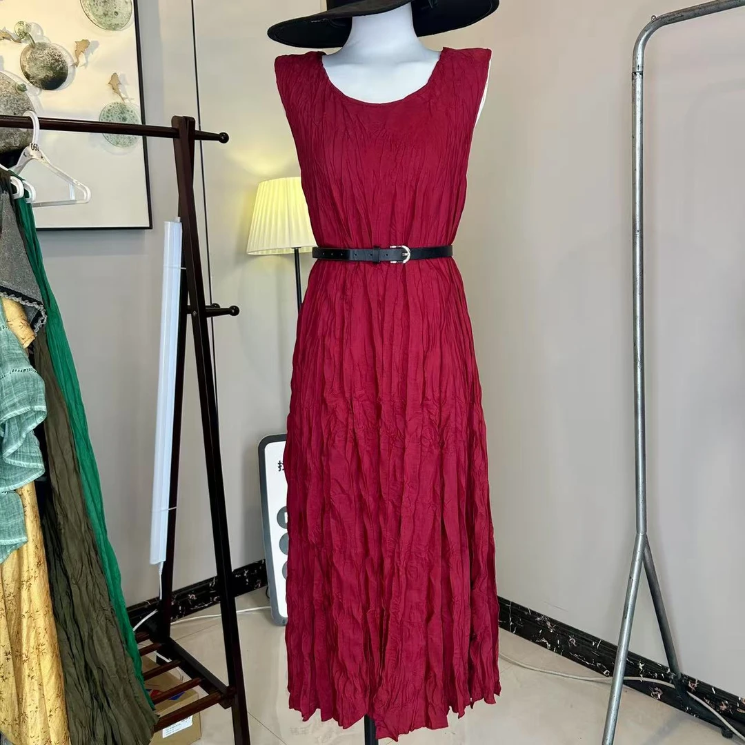 无袖长裙中长裙宽松腰高腰连衣裙礼服褶皱职场新
