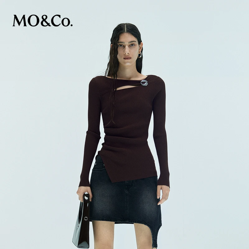 MOCO针织衫附金属胸针裂口露肤绵羊毛莫代尔混纺打底MBD3SWT018