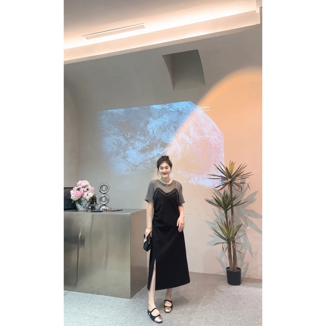 7055 重工细闪设计感假两件洋气高级拼接复古链条轻奢连衣裙 诗诗