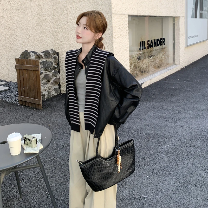 黑色条纹披肩皮衣外套秋季新款复古时尚休闲小个子女士真皮皮衣