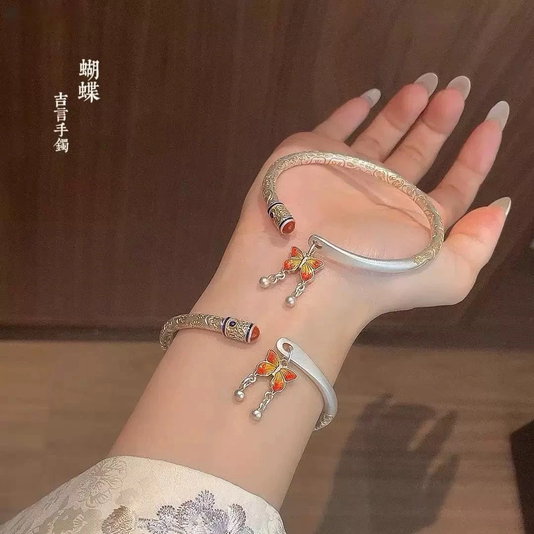 足银手镯 A18珐琅描金蝴蝶银手镯开口实心新中式礼物足银9999古风