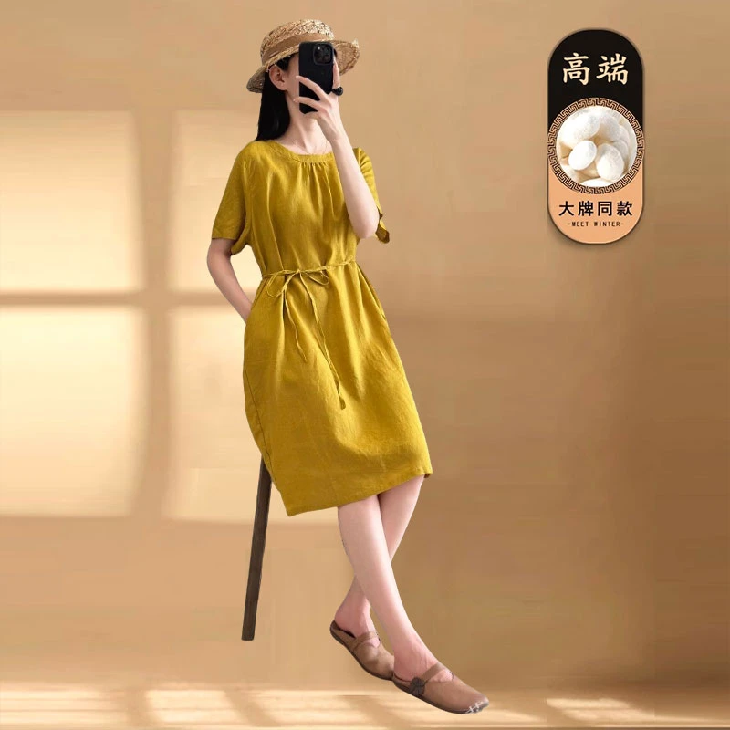 2025夏季时尚新款复古亚麻前后两穿圆领A字版中长裙麻裙连衣裙女