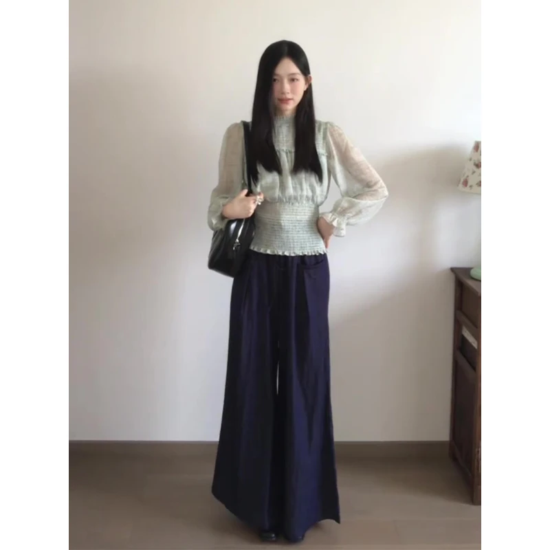 2025早秋新款女法式气质薄款收腰长袖上衣百搭高腰显瘦阔腿长裤