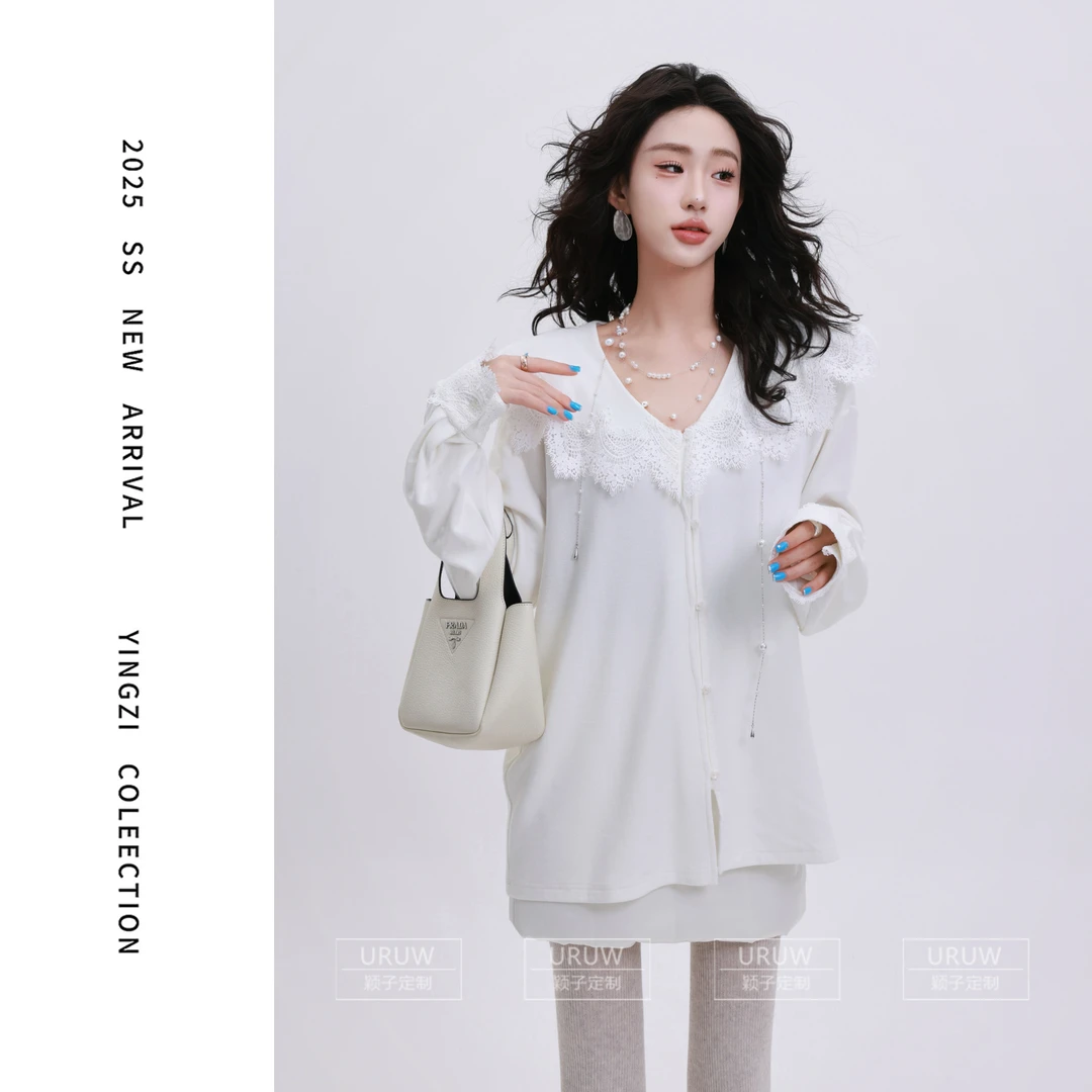 颖子定制【云卷云舒】秋冬法式气质宽松蕾丝拼接大翻领加绒上衣6755