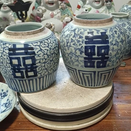 车***神摆件双双双喜临门罐罐摆件青花陶瓷摆件